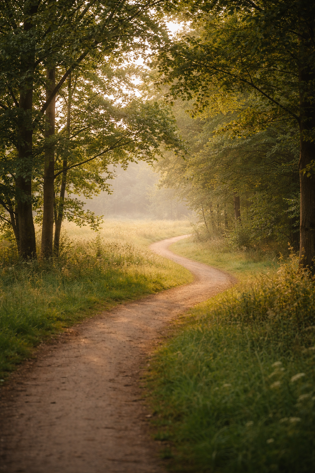 A quiet winding path through trees symbolizing growth and the long journey of parenting